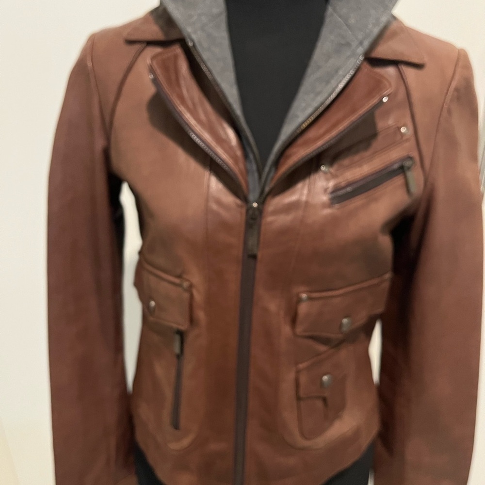 Steve Madden Juniors Hooded Leather Jacket  Size Small Color Brown